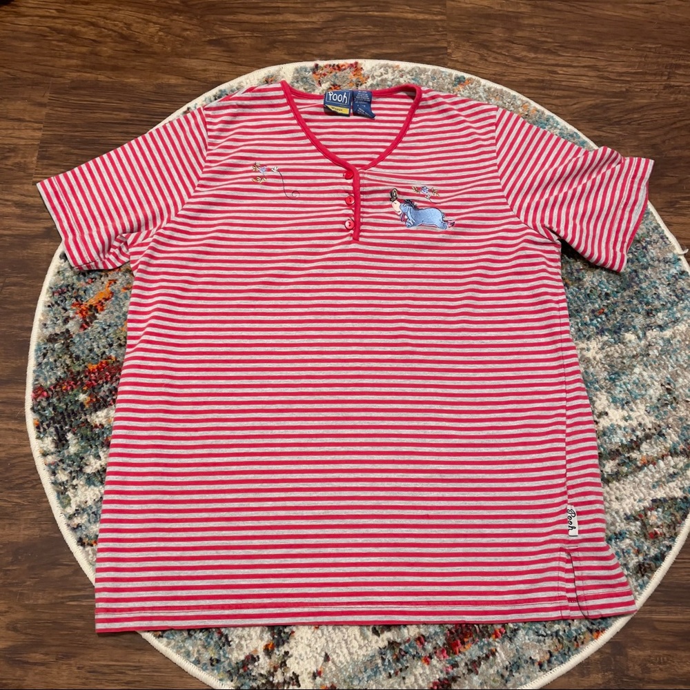 Vintage 90s Womens Disney Pooh Eeyore Button Striped T Shirt 2XL 18/20W Red